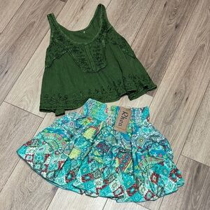 RHEA S NWT BUNDLE Green BOHO FLOWY Embroidered Tank & Colorful Patterned Skirt